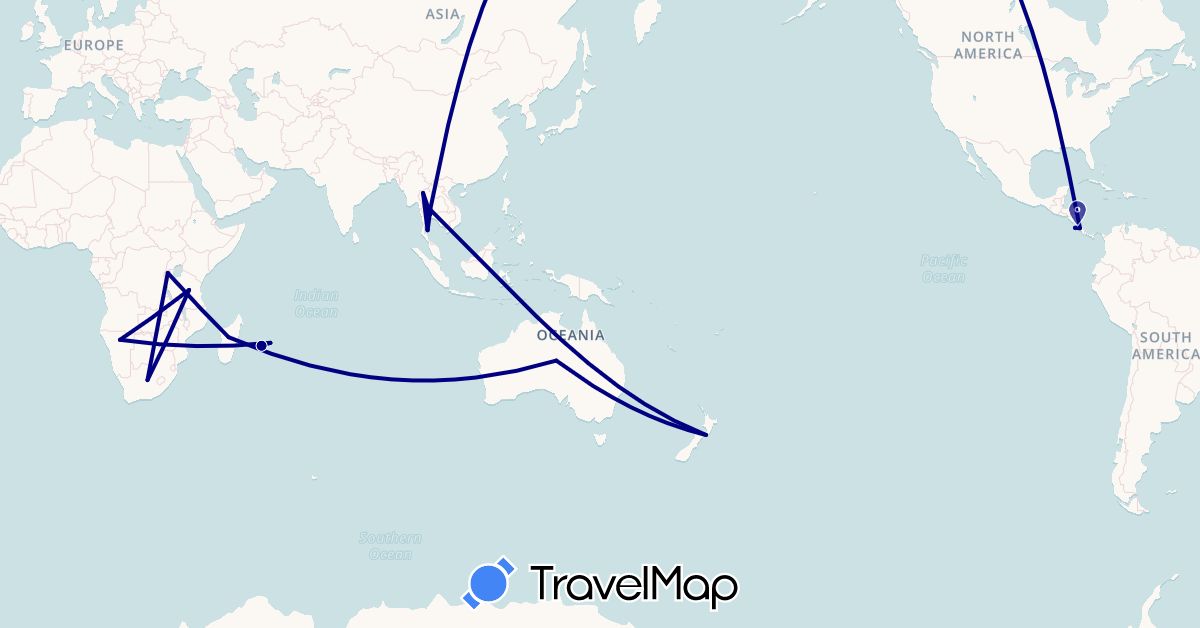 TravelMap itinerary: driving in Australia, Costa Rica, Madagascar, Mauritius, Namibia, Réunion, Rwanda, Thailand, Tanzania, South Africa (Africa, Asia, North America, Oceania)